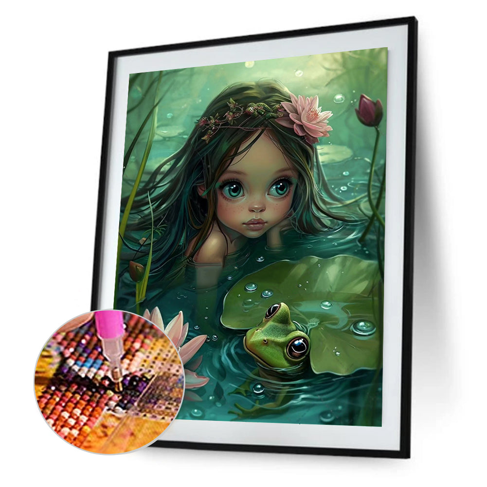 Frog Lotus Leaf Girl - Full Round Drill Diamond Painting 40*50CM