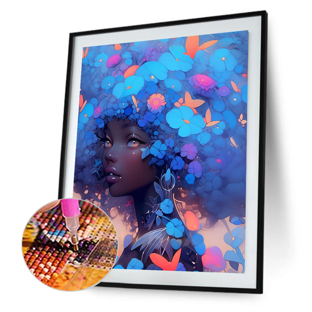 Butterfly Blue Flower Girl - Full Round Drill Diamond Painting 40*50CM