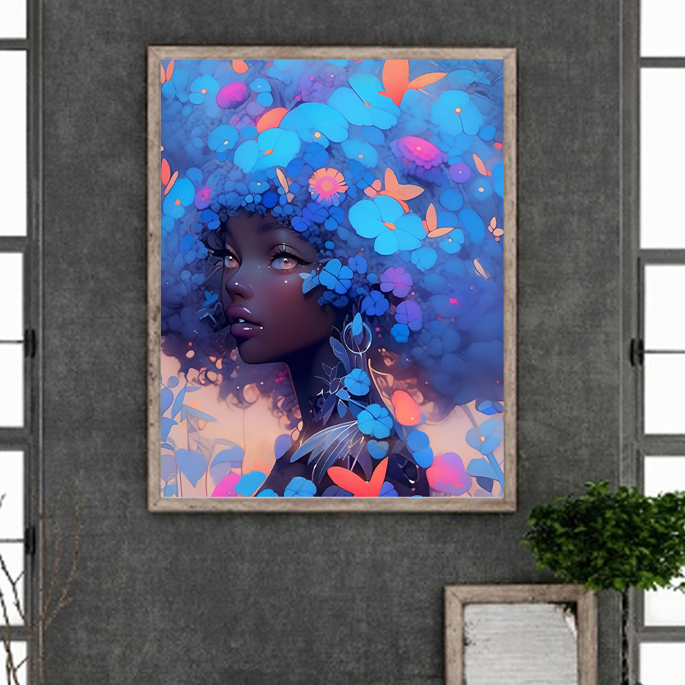 Butterfly Blue Flower Girl - Full Round Drill Diamond Painting 40*50CM