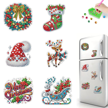 6Pcs Acrylic Merry Christmas Fridge Stickers Diamond Art Magnets Decals