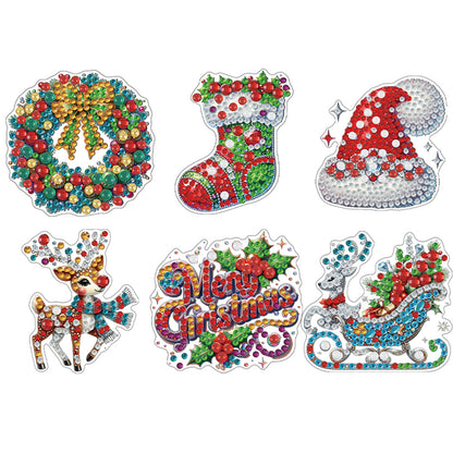 6Pcs Acrylic Merry Christmas Fridge Stickers Diamond Art Magnets Decals