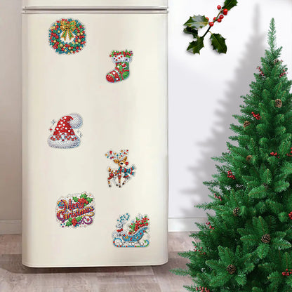 6Pcs Acrylic Merry Christmas Fridge Stickers Diamond Art Magnets Decals