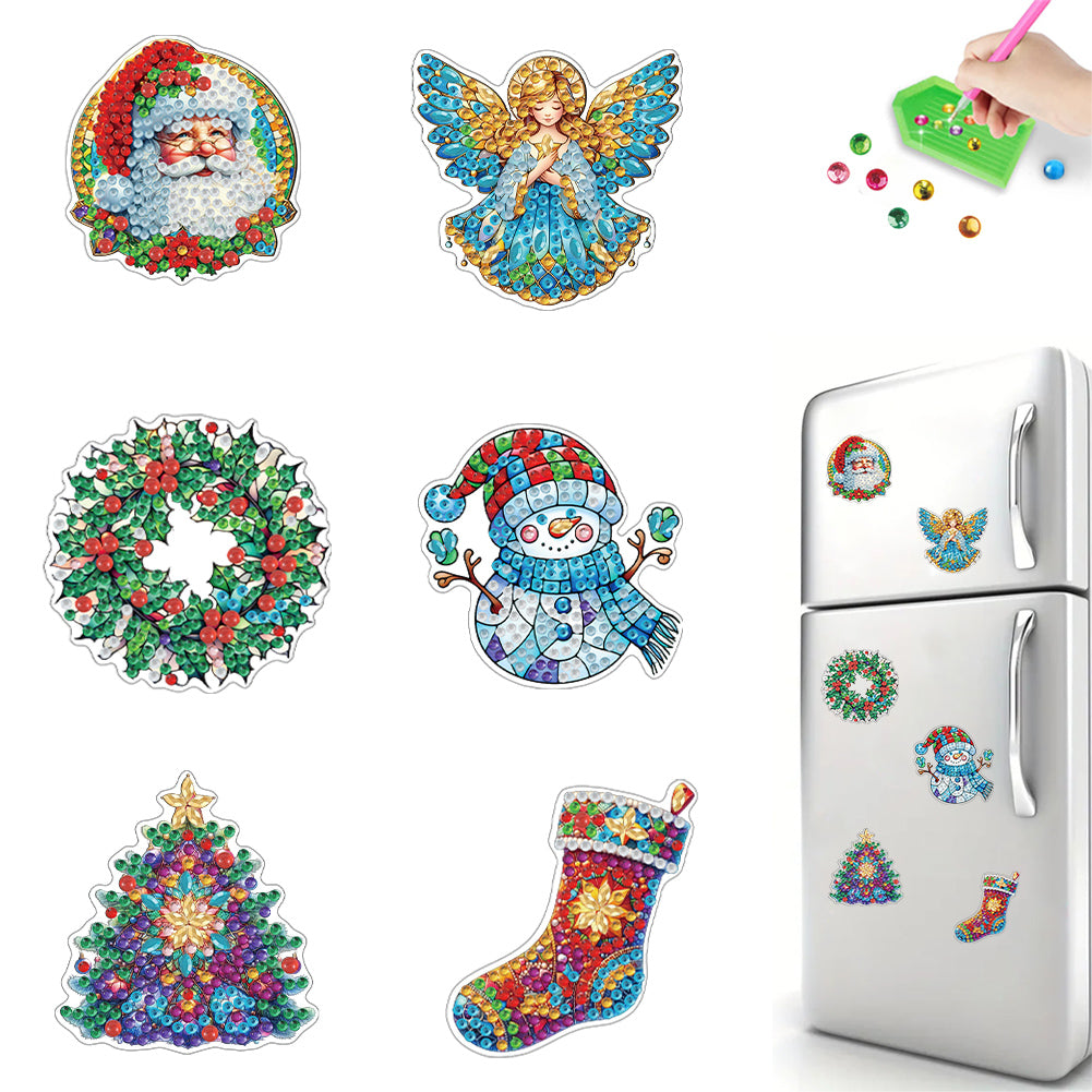 6Pcs Acrylic Christmas Fridge Stickers Diamond Art Magnets Decals for Home Decor