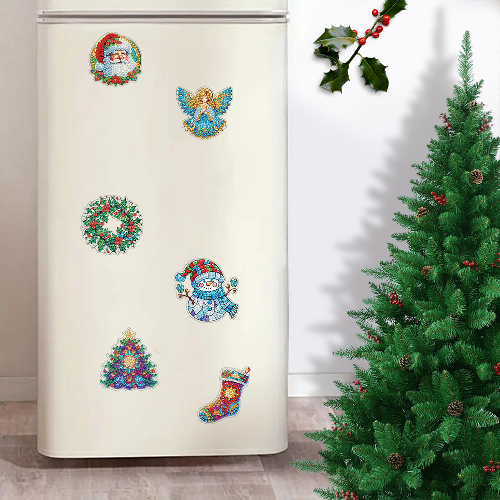 6Pcs Acrylic Christmas Fridge Stickers Diamond Art Magnets Decals for Home Decor