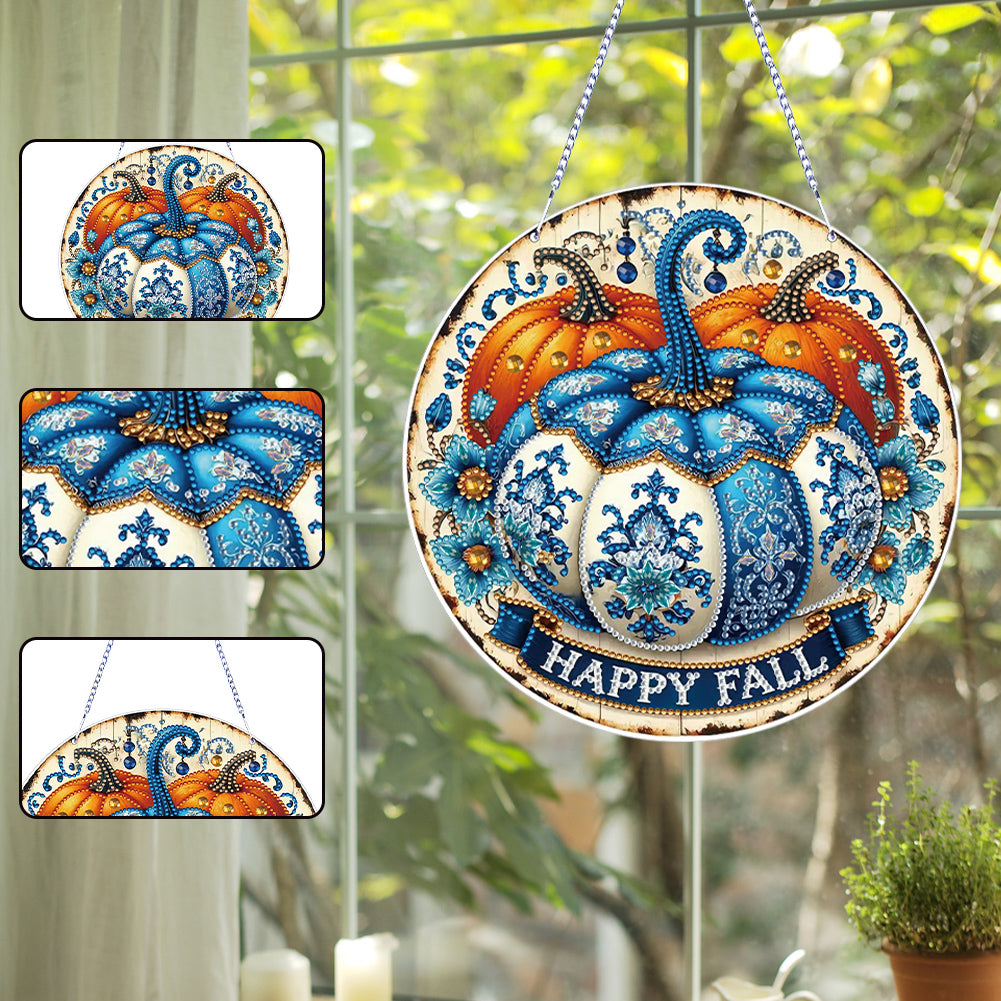 Thanksgiving Diamond Painting Hanging Pendant for Window Decor (Blue Pumpkin)