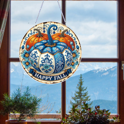 Thanksgiving Diamond Painting Hanging Pendant for Window Decor (Blue Pumpkin)