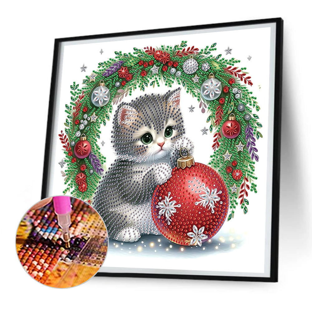 Cute Christmas Cat - Partial Special-Shaped Drill Diamond Painting 30*30CM