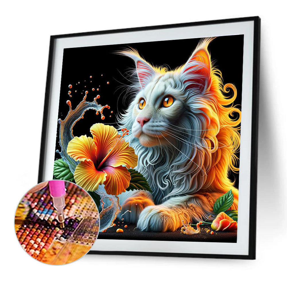 Cat And Flowers - Full Round Drill Diamond Painting 40*40CM