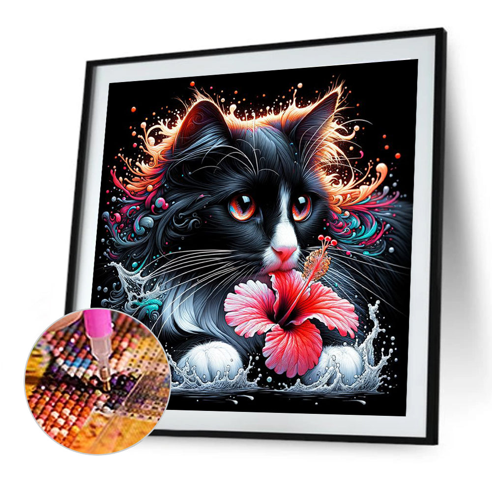 Cat And Flowers - Full Round Drill Diamond Painting 40*40CM