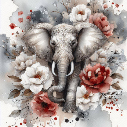 Red And White Peony Elephant - Full Round Drill Diamond Painting 40*40CM