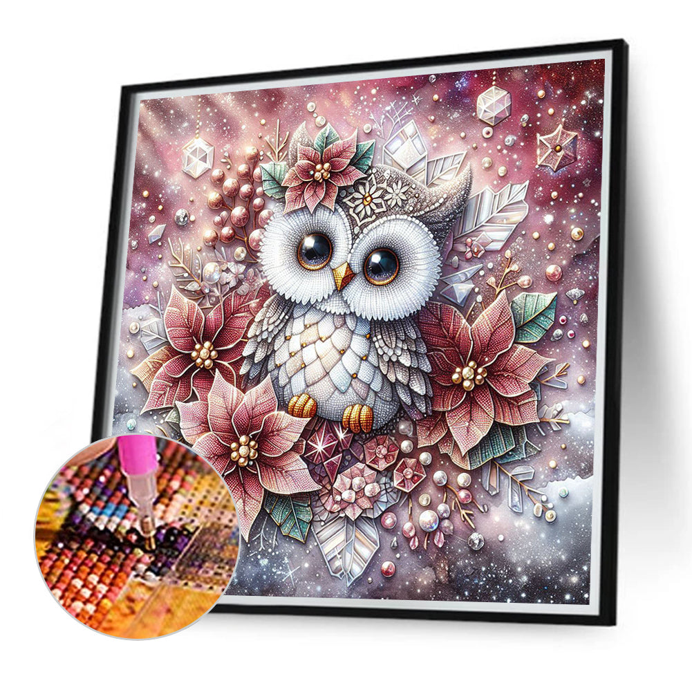 Poinsettia Owl - Full Round Drill Diamond Painting 40*40CM