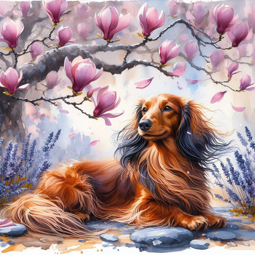 Magnolia Dachshund - Full Round Drill Diamond Painting 40*40CM