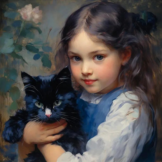 Oil Painting Girl Black Cat - Full Round Drill Diamond Painting 30*30CM