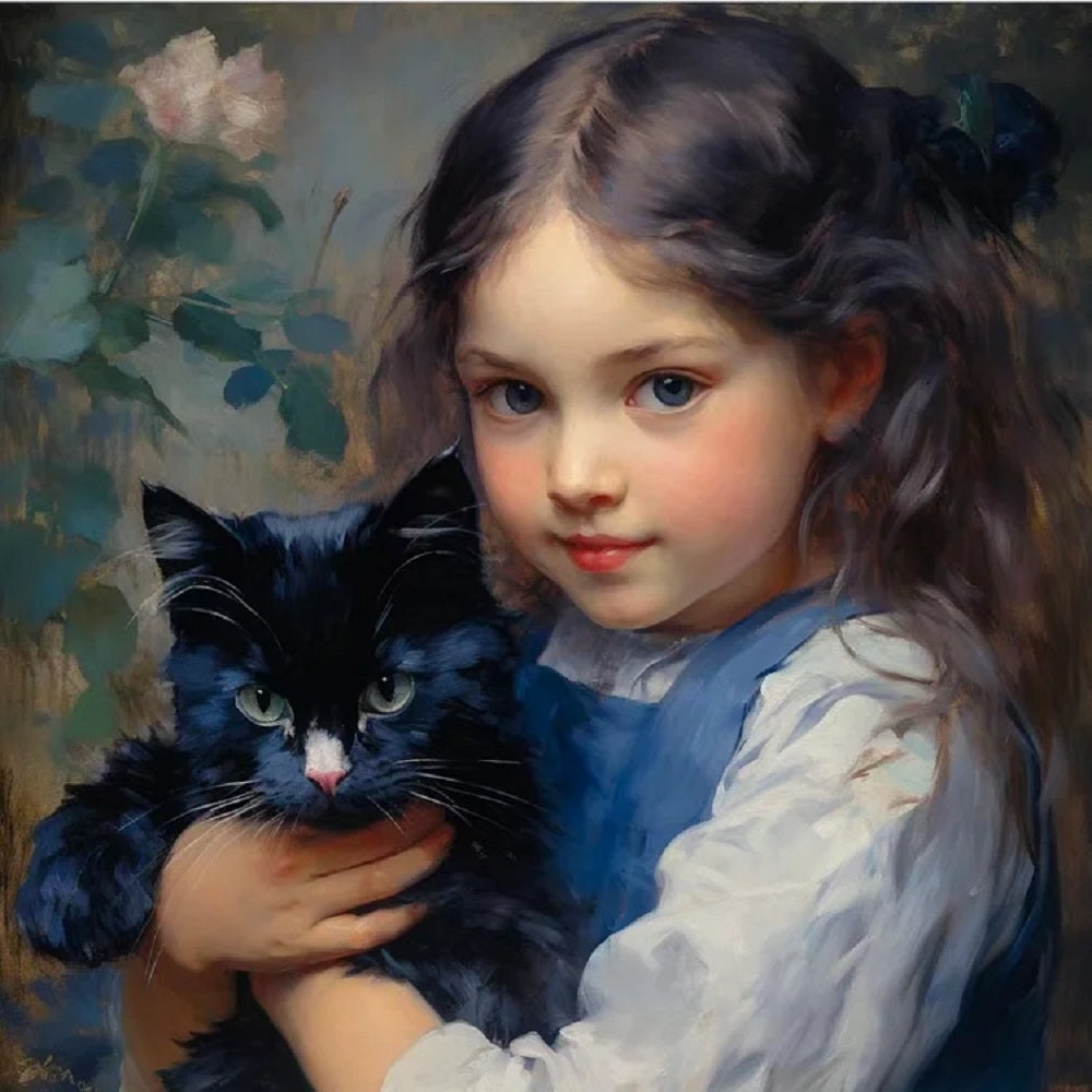 Oil Painting Girl Black Cat - Full Round Drill Diamond Painting 30*30CM