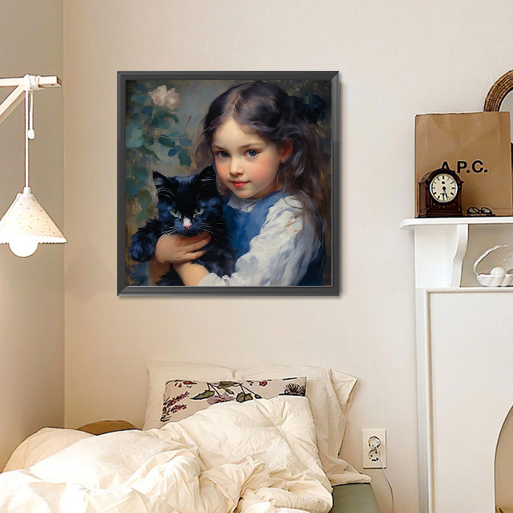 Oil Painting Girl Black Cat - Full Round Drill Diamond Painting 30*30CM