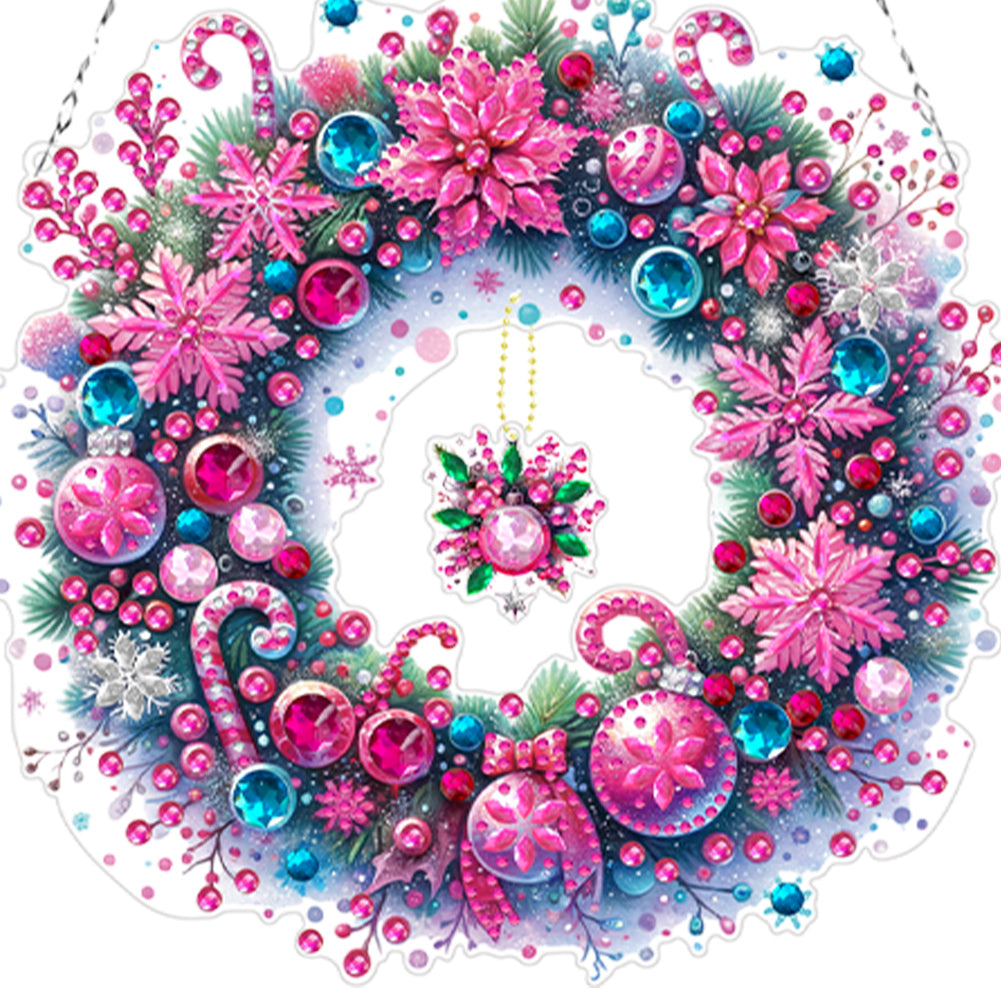 Acrylic Christmas Wreath Diamond Art Hanging Pendant Christmas Decor (Pink)