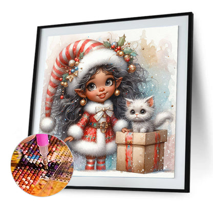 Christmas Girl With White Cat - Full Round Drill Diamond Painting 30*30CM