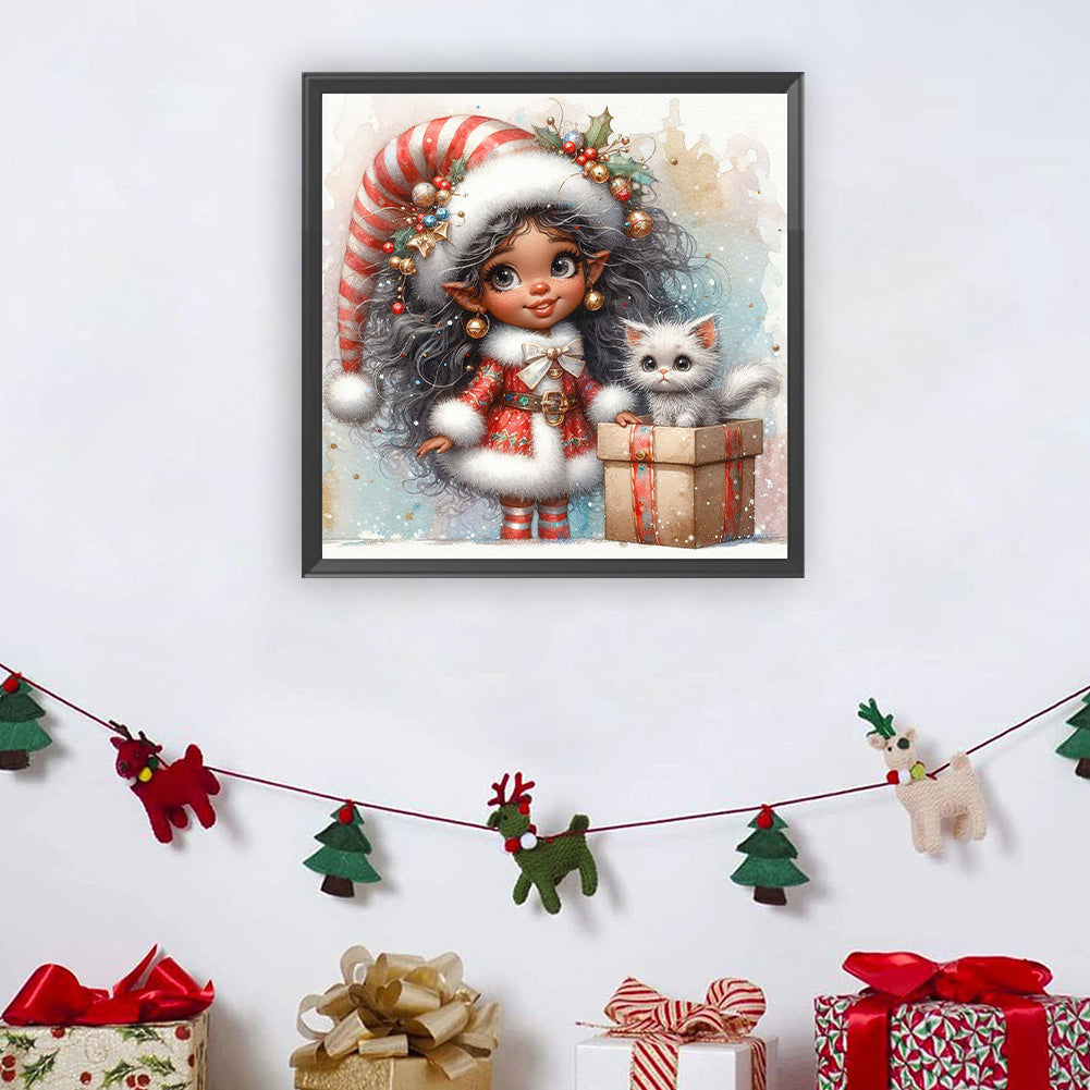 Christmas Girl With White Cat - Full Round Drill Diamond Painting 30*30CM