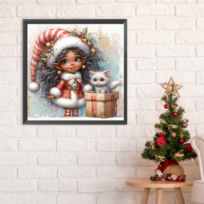 Christmas Girl With White Cat - Full Round Drill Diamond Painting 30*30CM