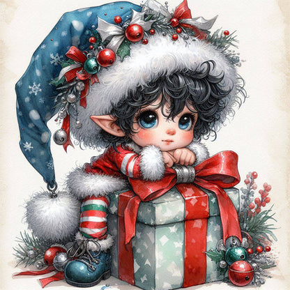 Christmas Black Hair Elf Boy - Full Round Drill Diamond Painting 30*30CM