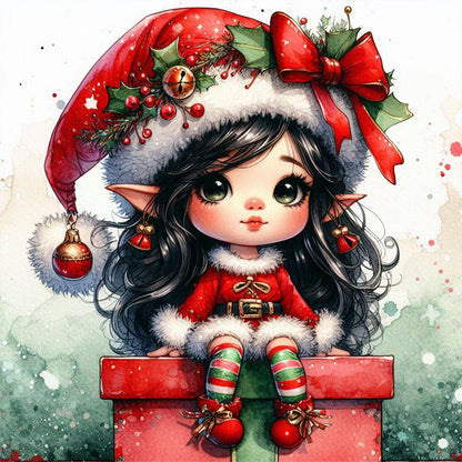 Christmas Brunette Elf Girl - Full Round Drill Diamond Painting 30*30CM