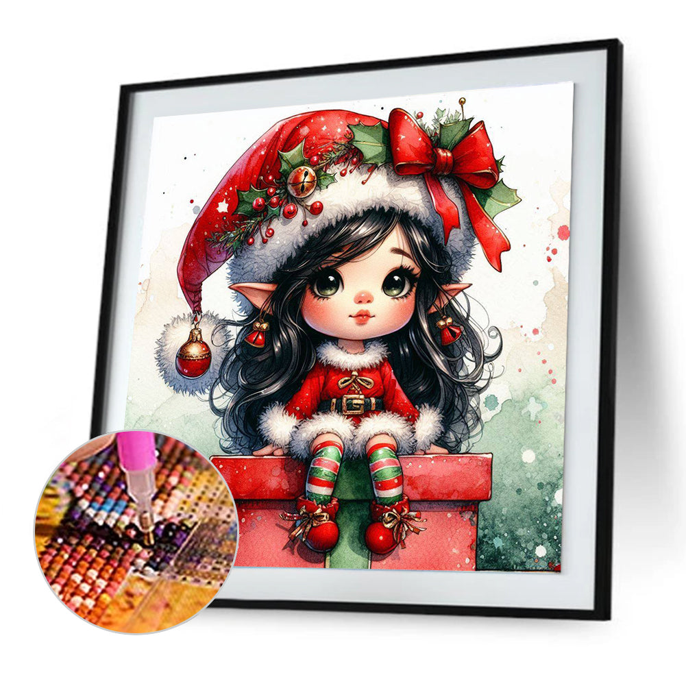 Christmas Brunette Elf Girl - Full Round Drill Diamond Painting 30*30CM