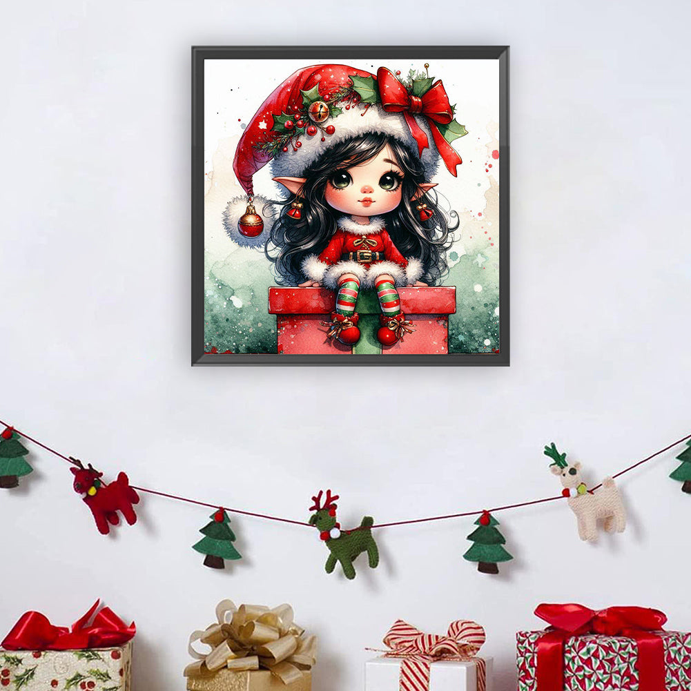 Christmas Brunette Elf Girl - Full Round Drill Diamond Painting 30*30CM