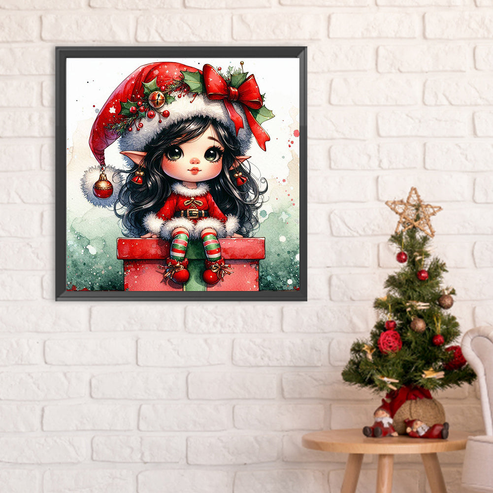 Christmas Brunette Elf Girl - Full Round Drill Diamond Painting 30*30CM