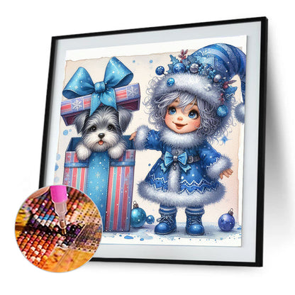 Christmas White-Haired Girl And Dog - Full Round Drill Diamond Painting 30*30CM