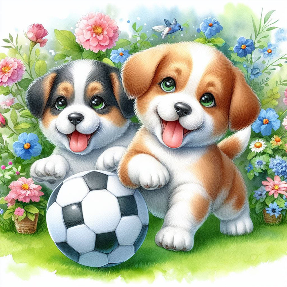 Two Dogs Playing Football In The Grass - Full Round Drill Diamond Painting 30*30CM