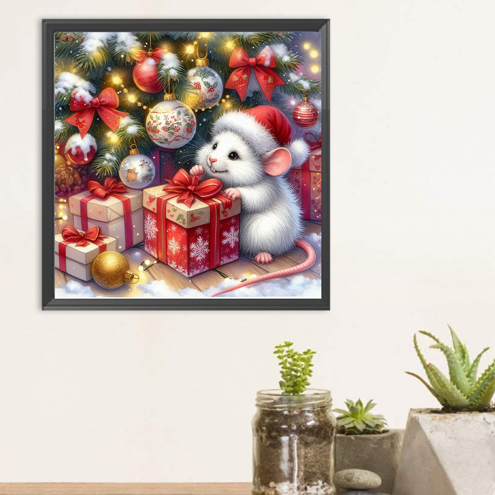 Christmas Gift White Mouse - Full Round Drill Diamond Painting 30*30CM