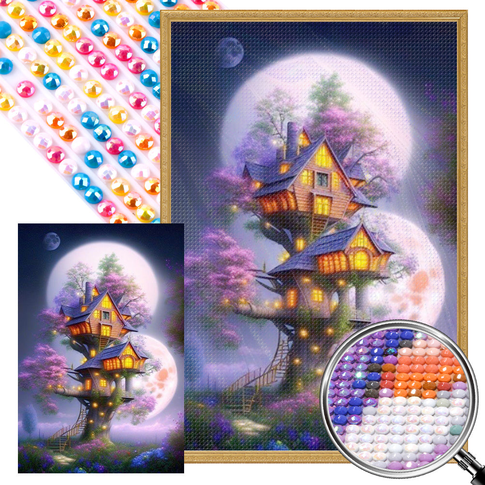 Mysterious Tree House Under The Moon - Full AB Round Drill Diamond Painting 40*60CM