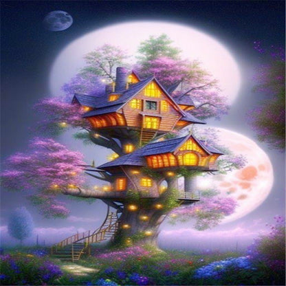 Mysterious Tree House Under The Moon - Full AB Round Drill Diamond Painting 40*60CM