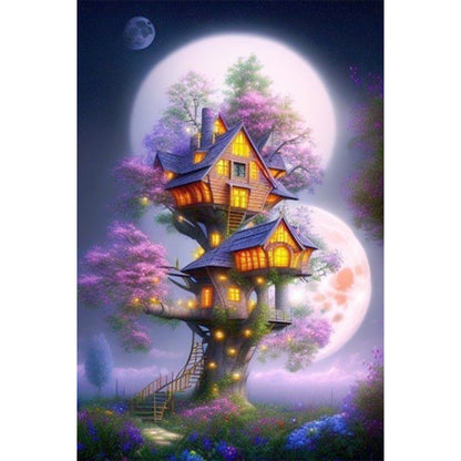 Mysterious Tree House Under The Moon - Full AB Round Drill Diamond Painting 40*60CM