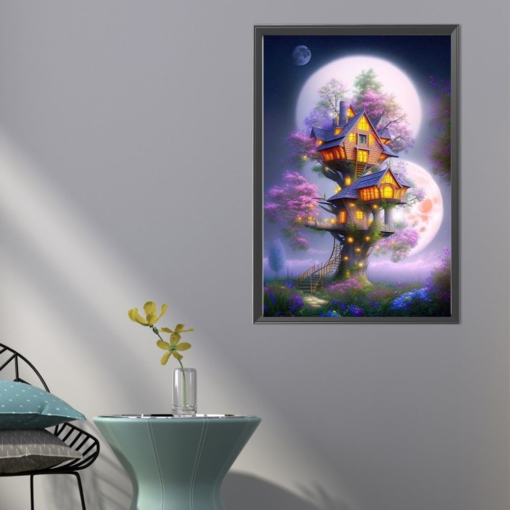 Mysterious Tree House Under The Moon - Full AB Round Drill Diamond Painting 40*60CM