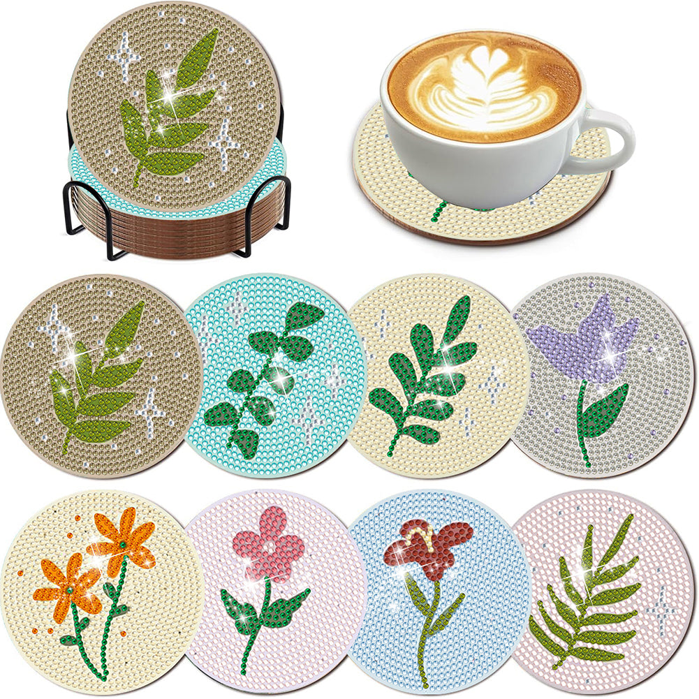 8Pcs Wooden Leaves Diamond Art Coasters 5D DIY Coaster Diamond Dot Kits