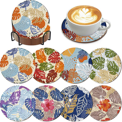 8Pcs Wooden Leaves Diamond Art Coasters 5D DIY Coaster Diamond Dot Kits