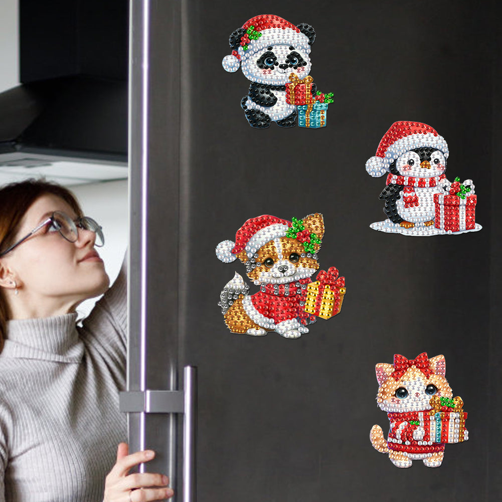 6Pcs Acrylic Christmas Animals Fridge Stickers Diamond Art Magnets Decals