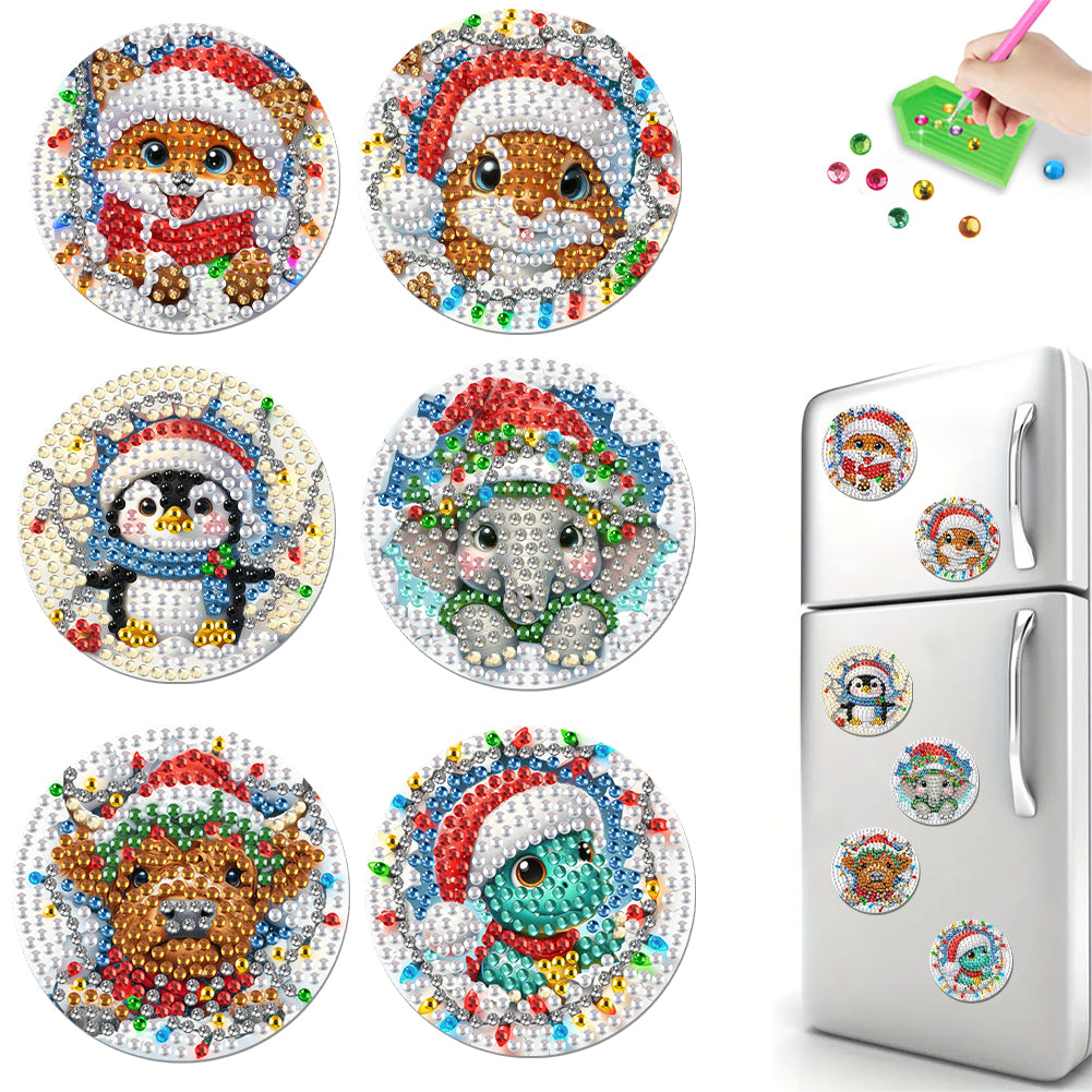 6Pcs Acrylic Christmas Animals Fridge Stickers Diamond Art Magnets Decals