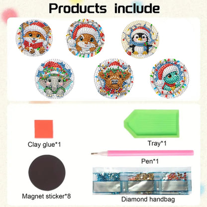 6Pcs Acrylic Christmas Animals Fridge Stickers Diamond Art Magnets Decals