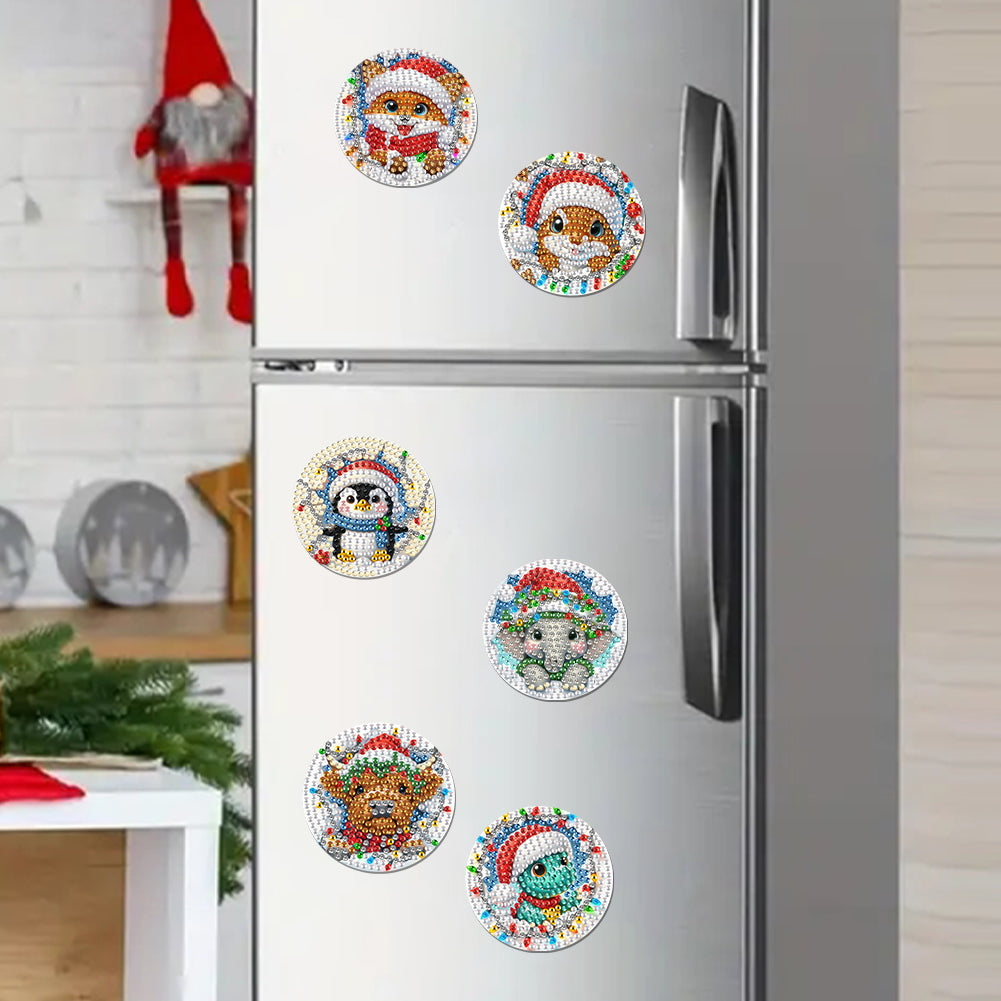 6Pcs Acrylic Christmas Animals Fridge Stickers Diamond Art Magnets Decals