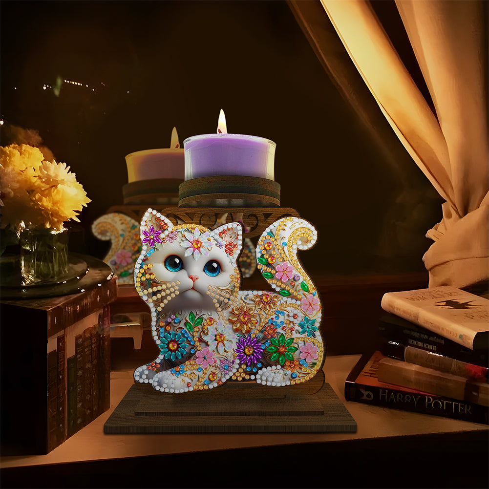 Animal Desktop 5D DIY Diamond Painting Art Candle Holder Home Decor (Kitten)