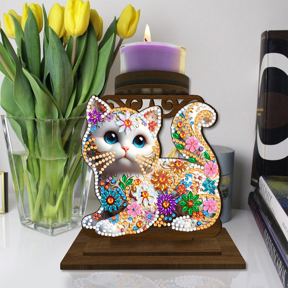 Animal Desktop 5D DIY Diamond Painting Art Candle Holder Home Decor (Kitten)