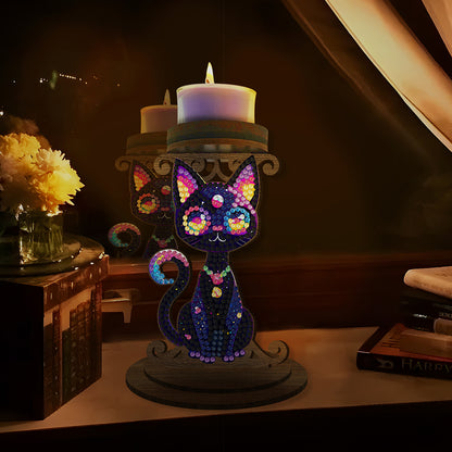 Animal Desktop 5D DIY Diamond Painting Art Candle Holder Home Decor (Black Cat)