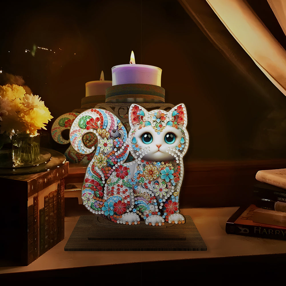 Animal Desktop 5D DIY Diamond Painting Art Candle Holder Home Decor (Kitten)