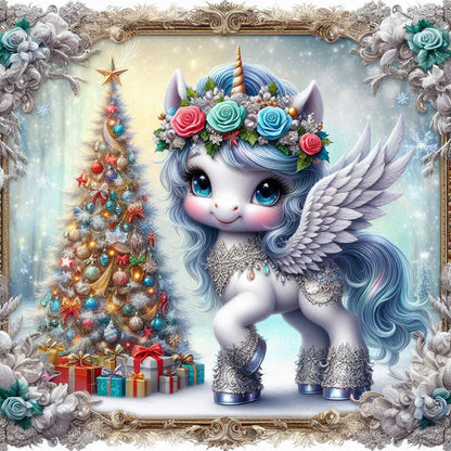 Christmas Tree Blue Hair Unicorn - Full Round Drill Diamond Painting 40*40CM