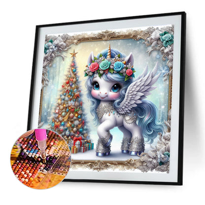 Christmas Tree Blue Hair Unicorn - Full Round Drill Diamond Painting 40*40CM