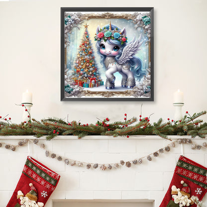 Christmas Tree Blue Hair Unicorn - Full Round Drill Diamond Painting 40*40CM