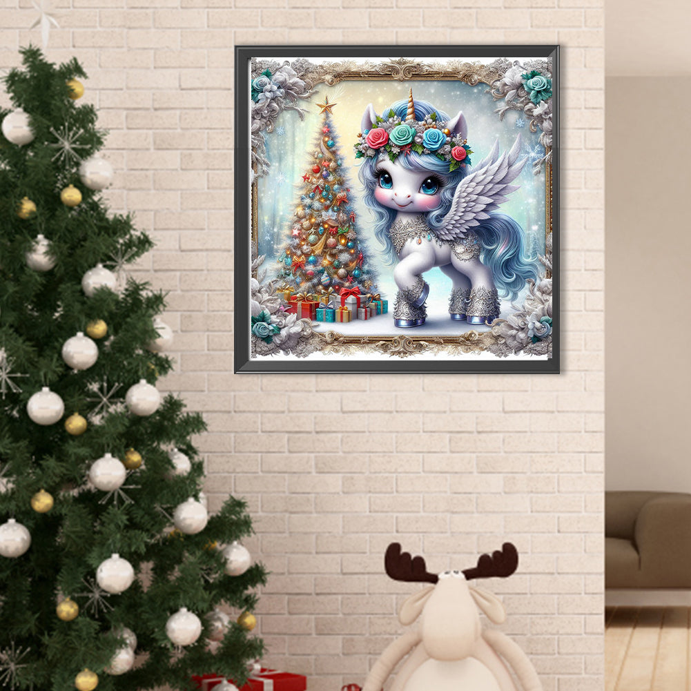 Christmas Tree Blue Hair Unicorn - Full Round Drill Diamond Painting 40*40CM