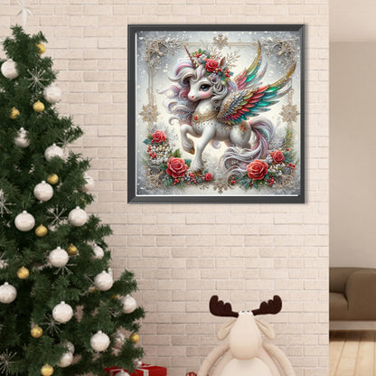 Christmas Colorful Feather Unicorn - Full Round Drill Diamond Painting 40*40CM